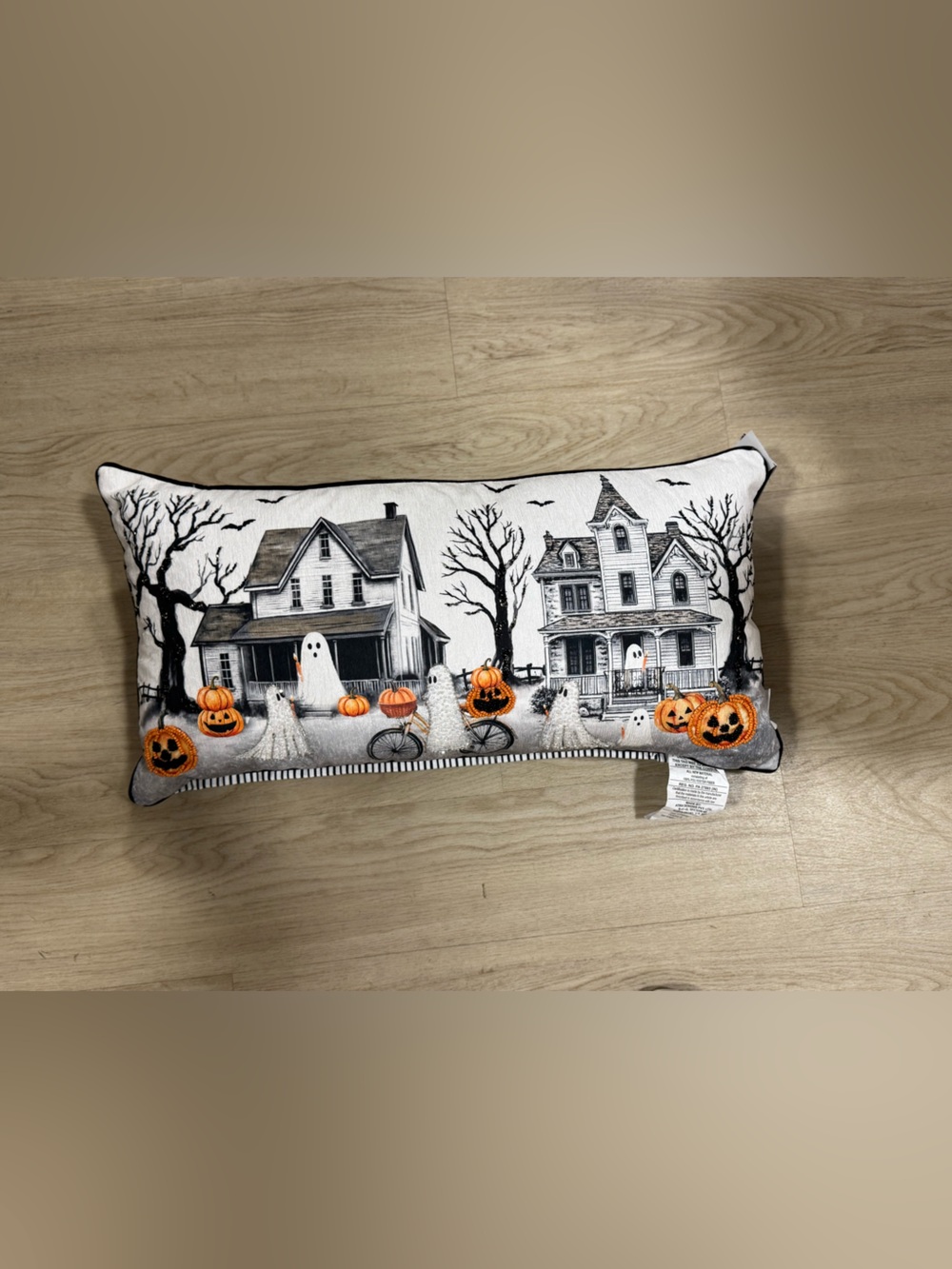 Halloween Haunted House Decorative Pillow with Pumpkin Accents